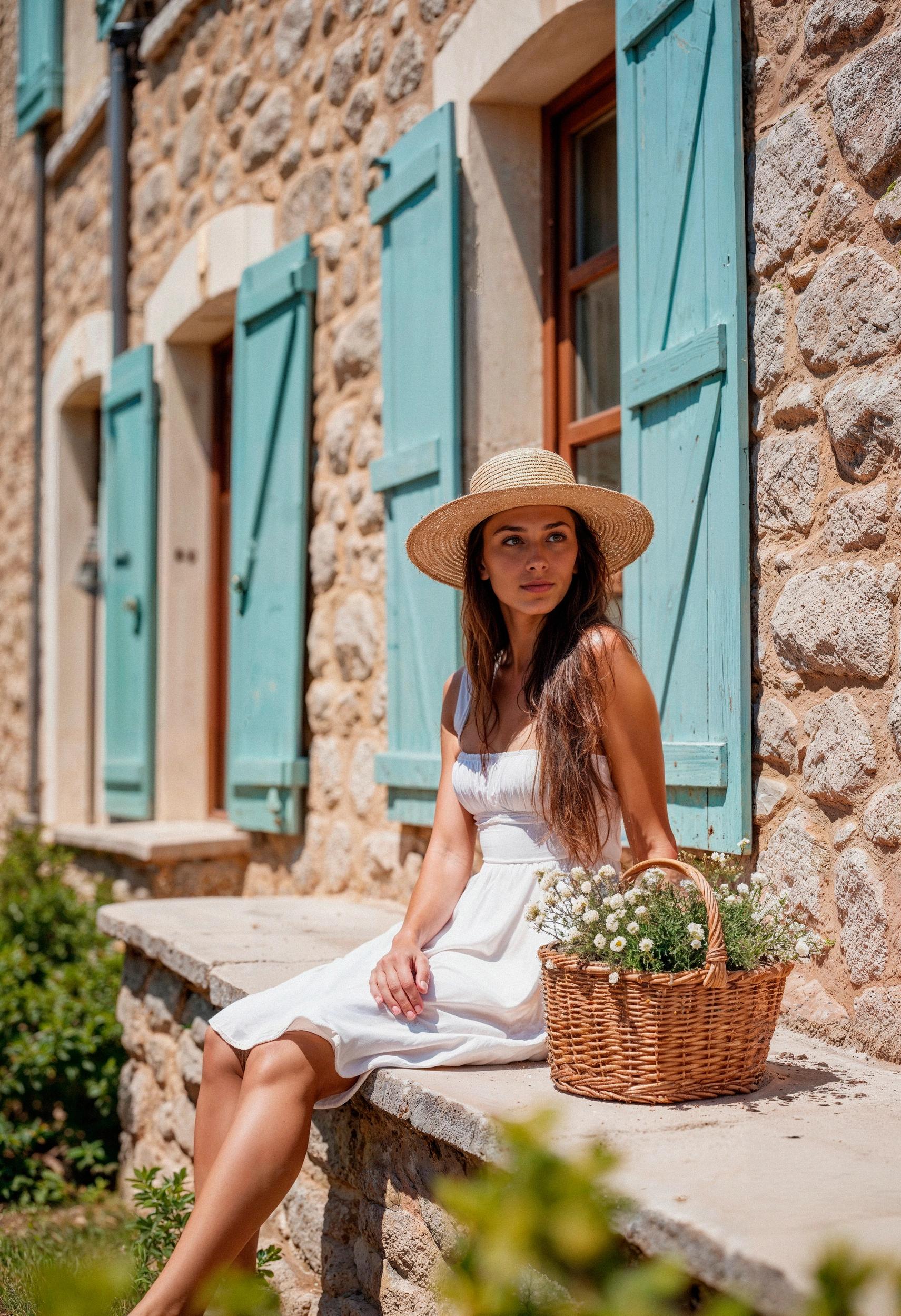 Personne assise devant une maison en pierre aux volets turquoise en Balagne